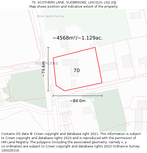 70, SCOTHERN LANE, SUDBROOKE, LINCOLN, LN2 2QJ: Plot and title map