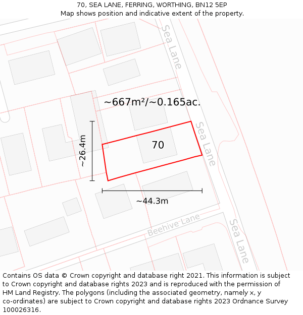 70, SEA LANE, FERRING, WORTHING, BN12 5EP: Plot and title map