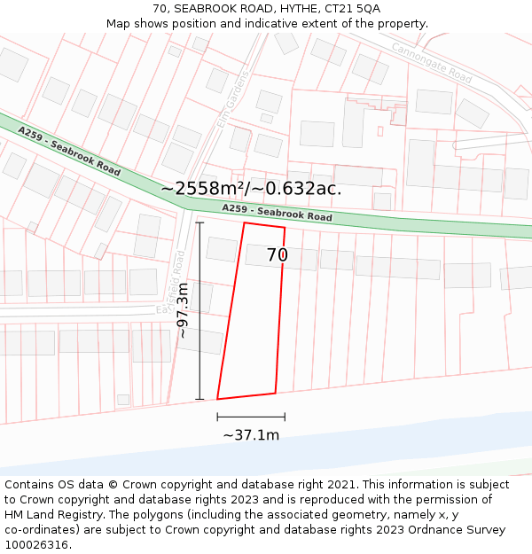70, SEABROOK ROAD, HYTHE, CT21 5QA: Plot and title map