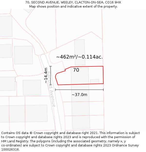 70, SECOND AVENUE, WEELEY, CLACTON-ON-SEA, CO16 9HX: Plot and title map