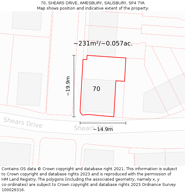70, SHEARS DRIVE, AMESBURY, SALISBURY, SP4 7YA: Plot and title map
