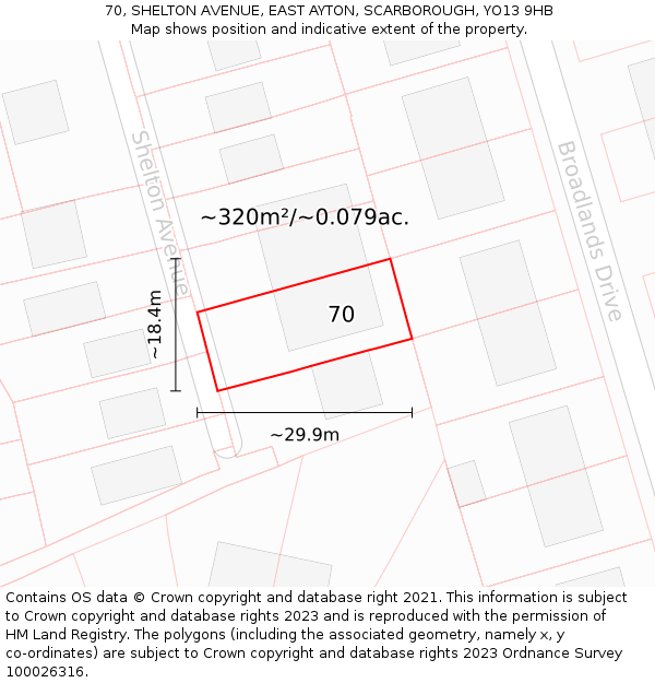 70, SHELTON AVENUE, EAST AYTON, SCARBOROUGH, YO13 9HB: Plot and title map