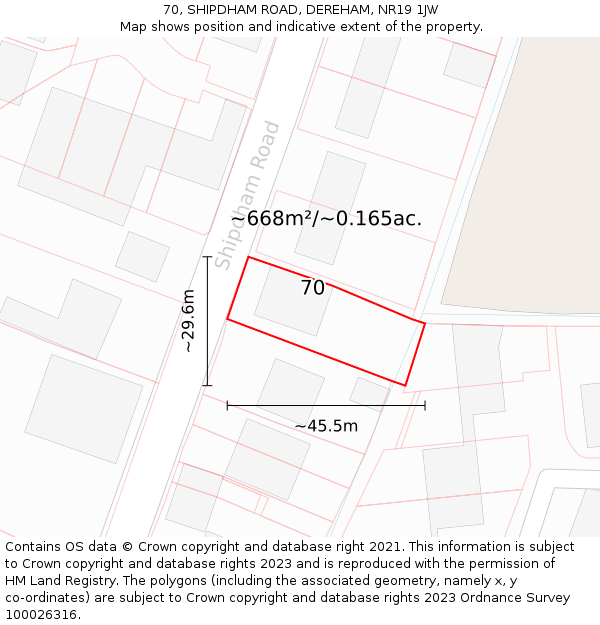70, SHIPDHAM ROAD, DEREHAM, NR19 1JW: Plot and title map