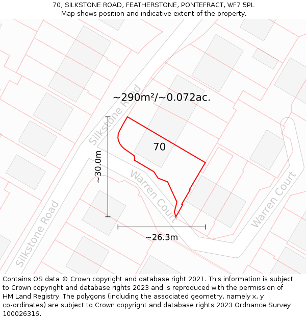 70, SILKSTONE ROAD, FEATHERSTONE, PONTEFRACT, WF7 5PL: Plot and title map