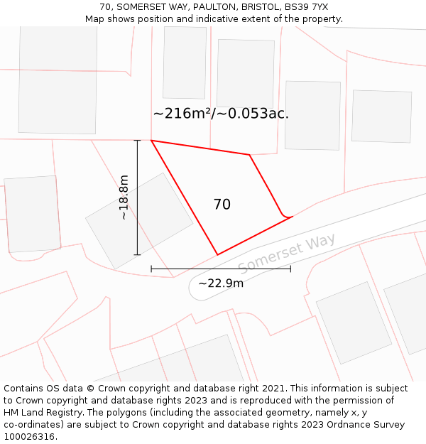 70, SOMERSET WAY, PAULTON, BRISTOL, BS39 7YX: Plot and title map