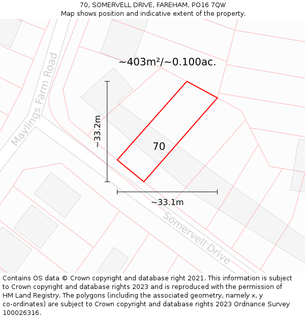 70, SOMERVELL DRIVE, FAREHAM, PO16 7QW: Plot and title map