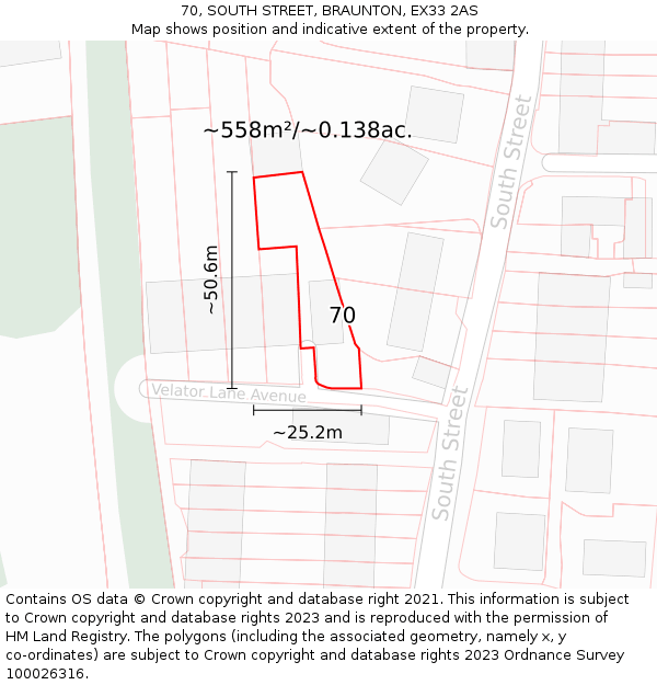 70, SOUTH STREET, BRAUNTON, EX33 2AS: Plot and title map