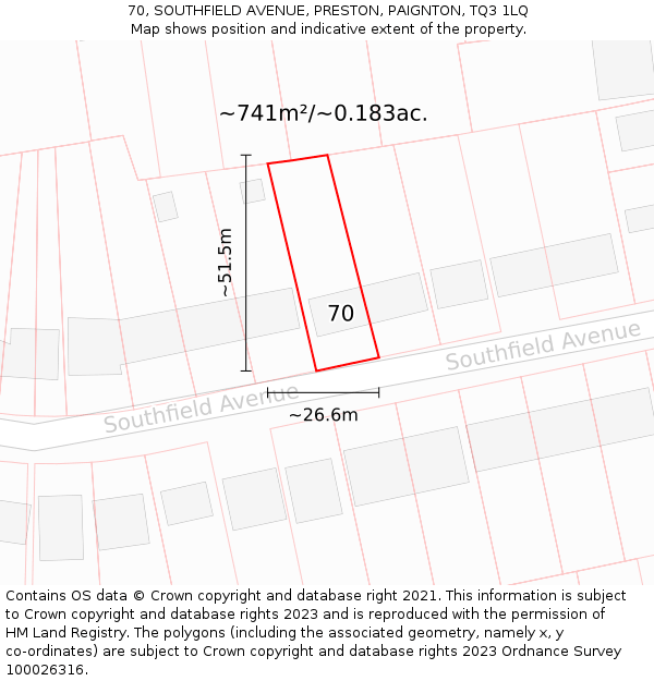 70, SOUTHFIELD AVENUE, PRESTON, PAIGNTON, TQ3 1LQ: Plot and title map