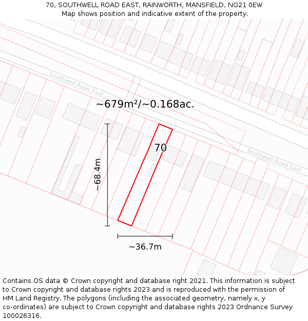 70, SOUTHWELL ROAD EAST, RAINWORTH, MANSFIELD, NG21 0EW: Plot and title map
