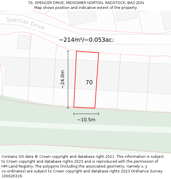 70, SPENCER DRIVE, MIDSOMER NORTON, RADSTOCK, BA3 2DN: Plot and title map