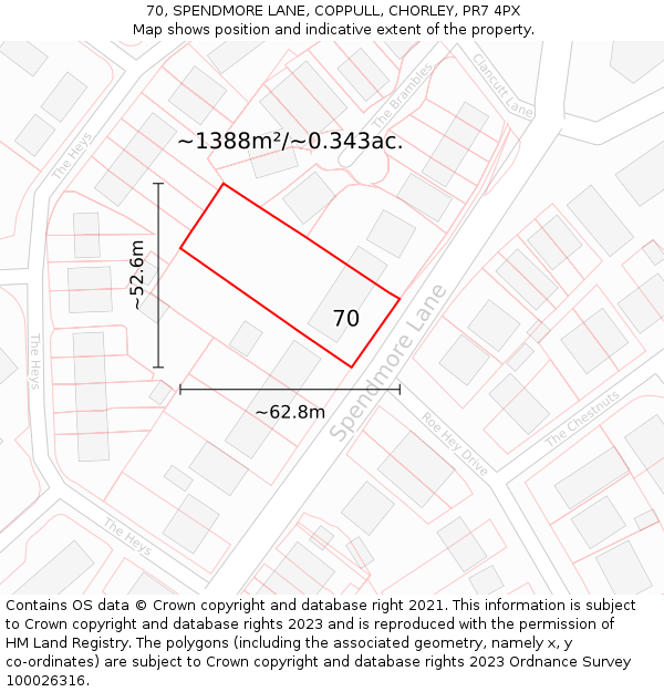 70, SPENDMORE LANE, COPPULL, CHORLEY, PR7 4PX: Plot and title map