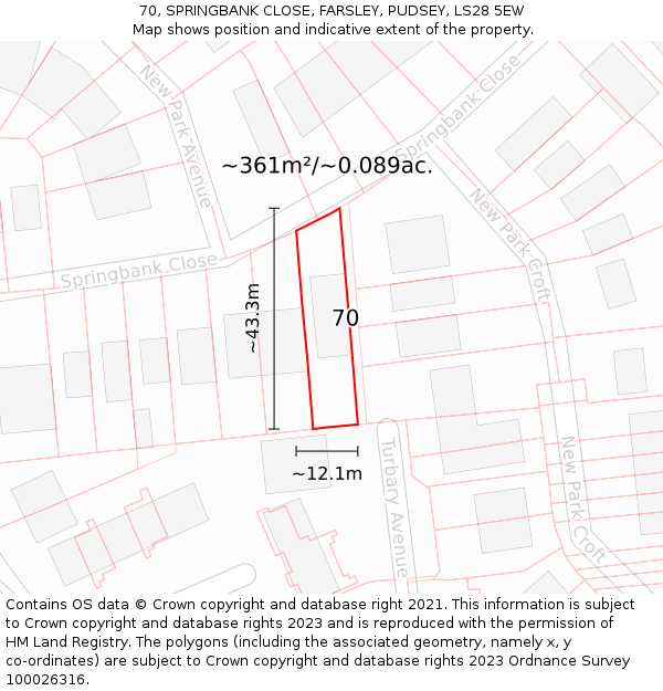 70, SPRINGBANK CLOSE, FARSLEY, PUDSEY, LS28 5EW: Plot and title map