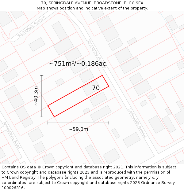 70, SPRINGDALE AVENUE, BROADSTONE, BH18 9EX: Plot and title map