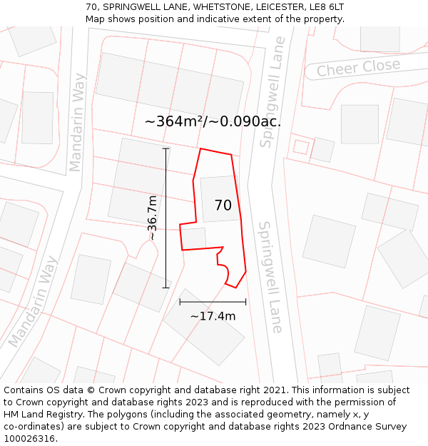 70, SPRINGWELL LANE, WHETSTONE, LEICESTER, LE8 6LT: Plot and title map