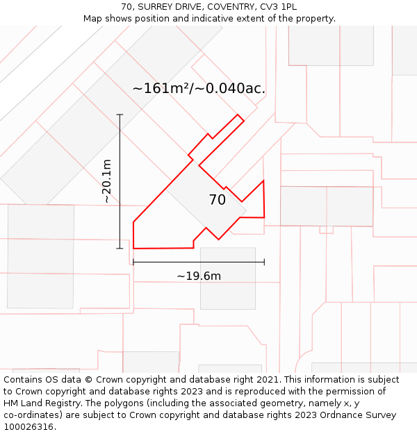 70, SURREY DRIVE, COVENTRY, CV3 1PL: Plot and title map