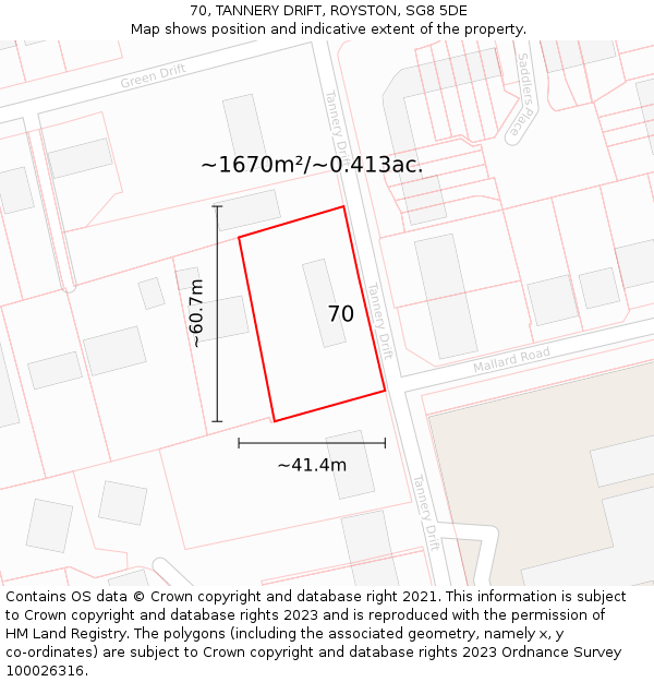 70, TANNERY DRIFT, ROYSTON, SG8 5DE: Plot and title map