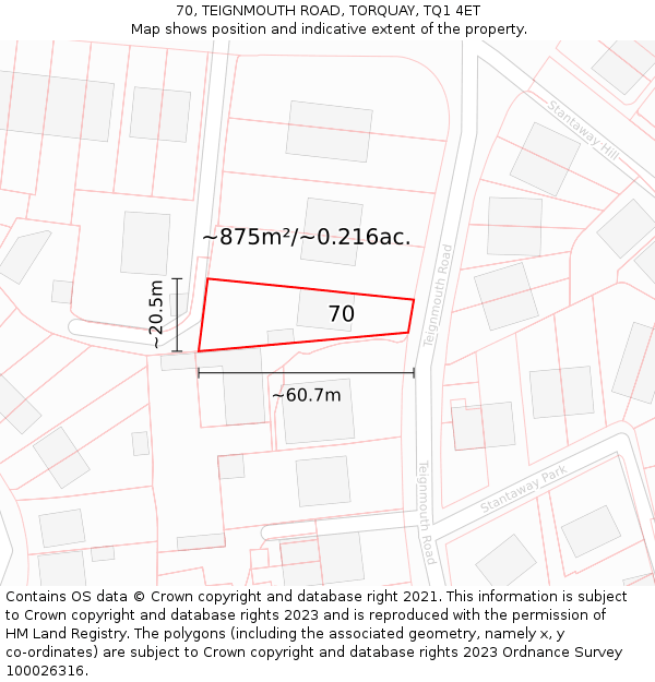 70, TEIGNMOUTH ROAD, TORQUAY, TQ1 4ET: Plot and title map