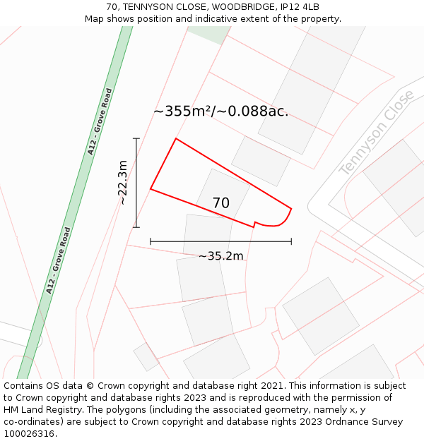 70, TENNYSON CLOSE, WOODBRIDGE, IP12 4LB: Plot and title map