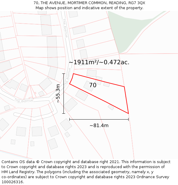 70, THE AVENUE, MORTIMER COMMON, READING, RG7 3QX: Plot and title map