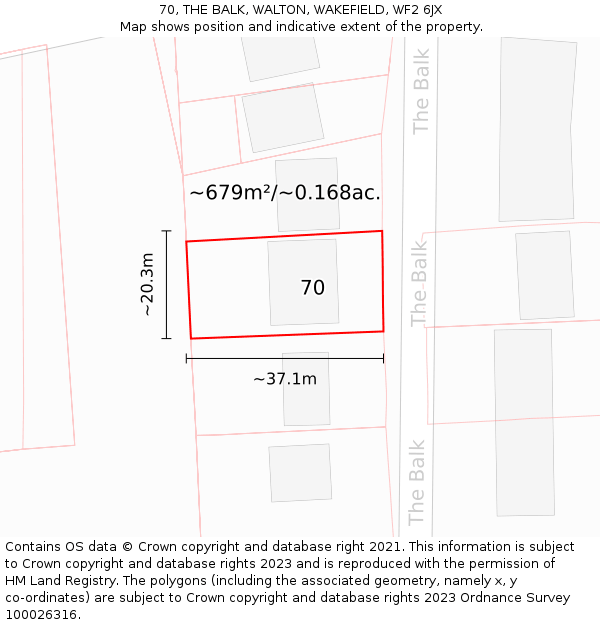 70, THE BALK, WALTON, WAKEFIELD, WF2 6JX: Plot and title map