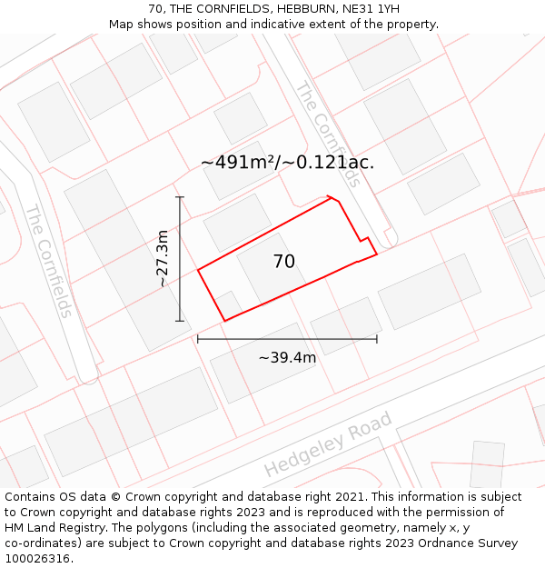 70, THE CORNFIELDS, HEBBURN, NE31 1YH: Plot and title map