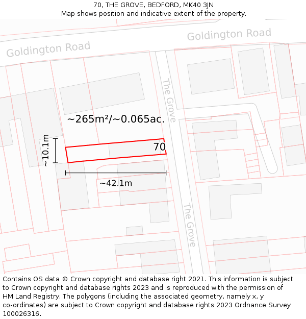 70, THE GROVE, BEDFORD, MK40 3JN: Plot and title map