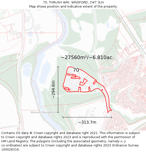 70, THRUSH WAY, WINSFORD, CW7 3LN: Plot and title map