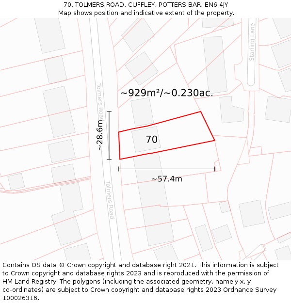 70, TOLMERS ROAD, CUFFLEY, POTTERS BAR, EN6 4JY: Plot and title map