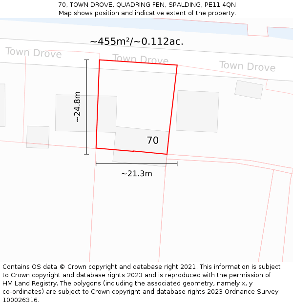 70, TOWN DROVE, QUADRING FEN, SPALDING, PE11 4QN: Plot and title map