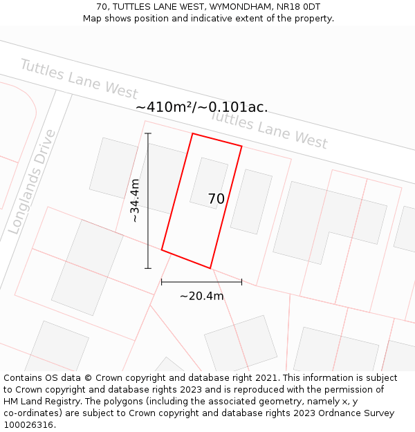 70, TUTTLES LANE WEST, WYMONDHAM, NR18 0DT: Plot and title map