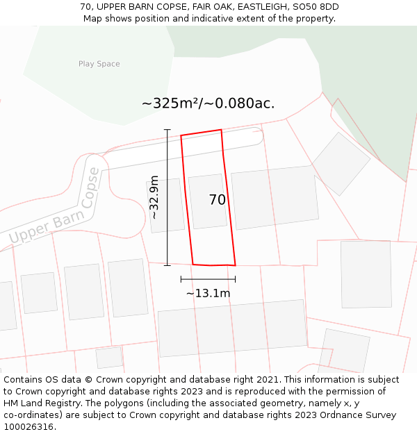70, UPPER BARN COPSE, FAIR OAK, EASTLEIGH, SO50 8DD: Plot and title map