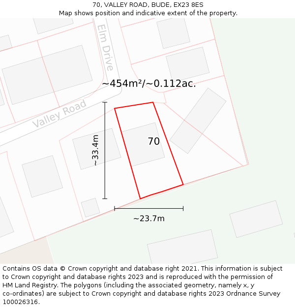 70, VALLEY ROAD, BUDE, EX23 8ES: Plot and title map