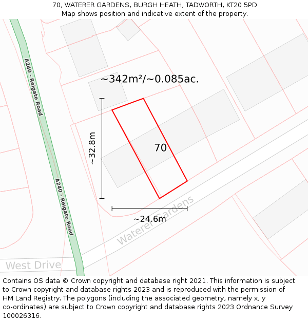70, WATERER GARDENS, BURGH HEATH, TADWORTH, KT20 5PD: Plot and title map
