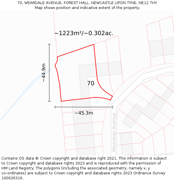 70, WEARDALE AVENUE, FOREST HALL, NEWCASTLE UPON TYNE, NE12 7HY: Plot and title map