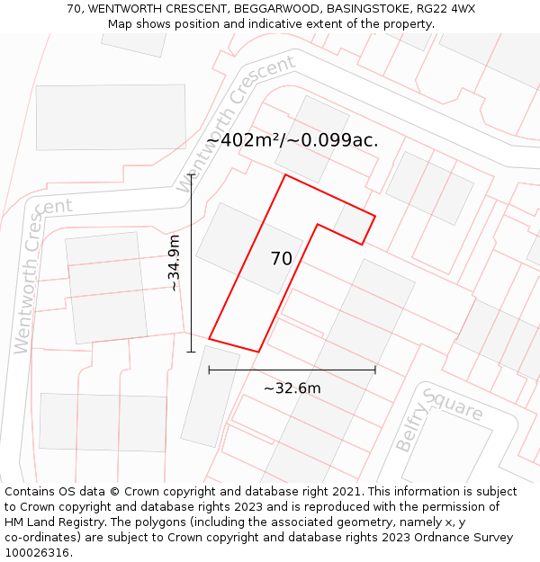 70, WENTWORTH CRESCENT, BEGGARWOOD, BASINGSTOKE, RG22 4WX: Plot and title map