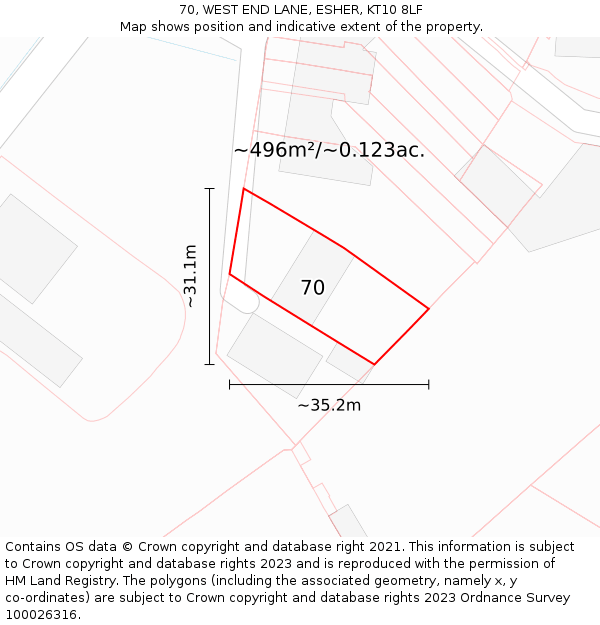 70, WEST END LANE, ESHER, KT10 8LF: Plot and title map