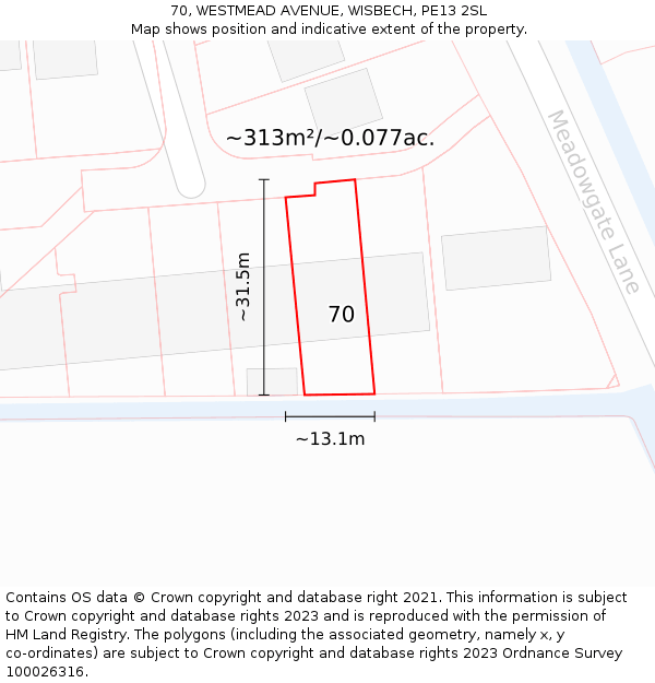 70, WESTMEAD AVENUE, WISBECH, PE13 2SL: Plot and title map