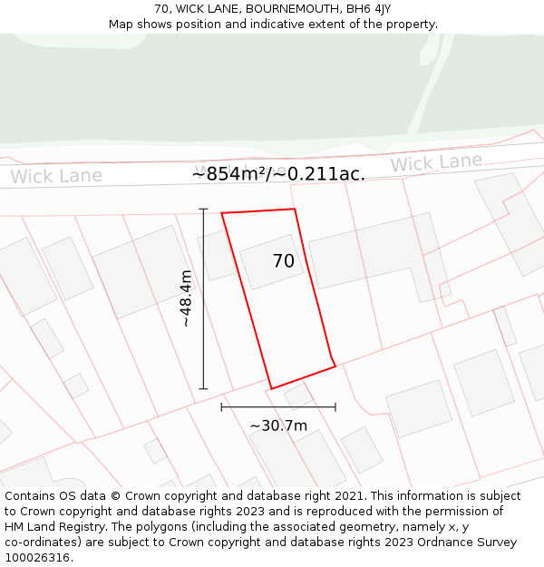70, WICK LANE, BOURNEMOUTH, BH6 4JY: Plot and title map
