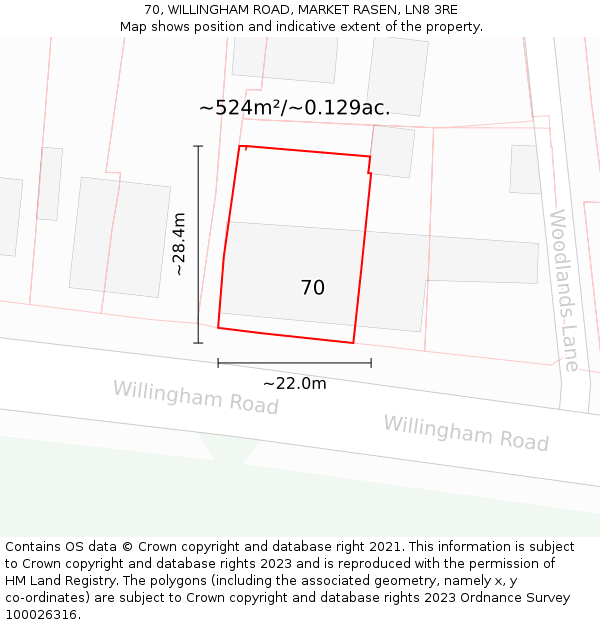 70, WILLINGHAM ROAD, MARKET RASEN, LN8 3RE: Plot and title map