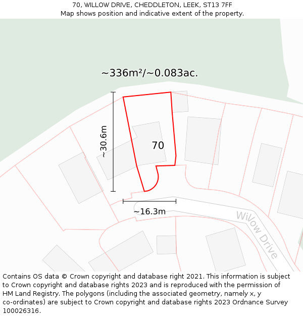 70, WILLOW DRIVE, CHEDDLETON, LEEK, ST13 7FF: Plot and title map