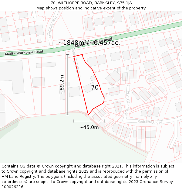 70, WILTHORPE ROAD, BARNSLEY, S75 1JA: Plot and title map