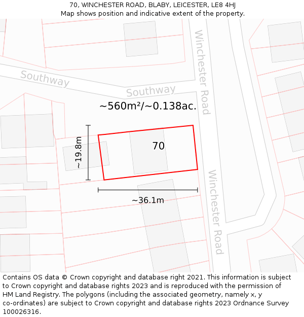 70, WINCHESTER ROAD, BLABY, LEICESTER, LE8 4HJ: Plot and title map