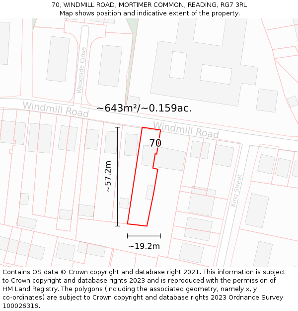 70, WINDMILL ROAD, MORTIMER COMMON, READING, RG7 3RL: Plot and title map