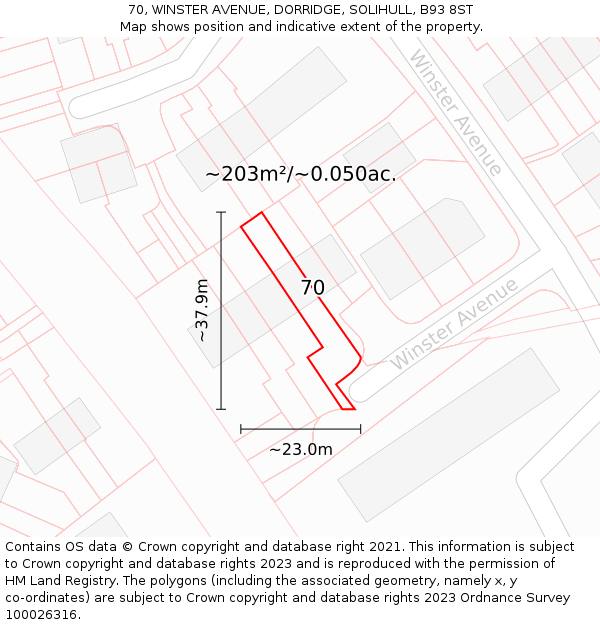 70, WINSTER AVENUE, DORRIDGE, SOLIHULL, B93 8ST: Plot and title map