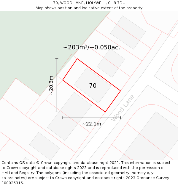 70, WOOD LANE, HOLYWELL, CH8 7DU: Plot and title map