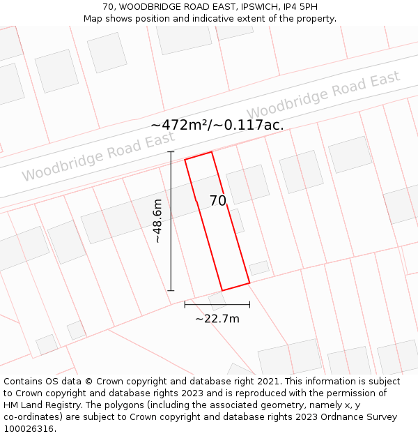 70, WOODBRIDGE ROAD EAST, IPSWICH, IP4 5PH: Plot and title map