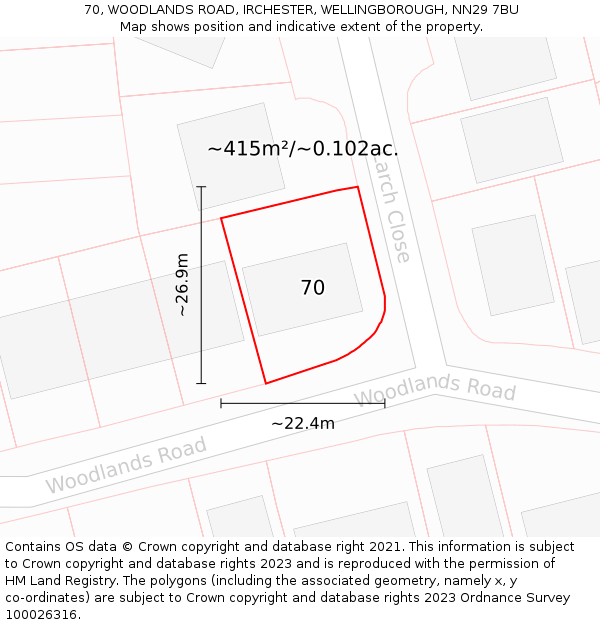 70, WOODLANDS ROAD, IRCHESTER, WELLINGBOROUGH, NN29 7BU: Plot and title map