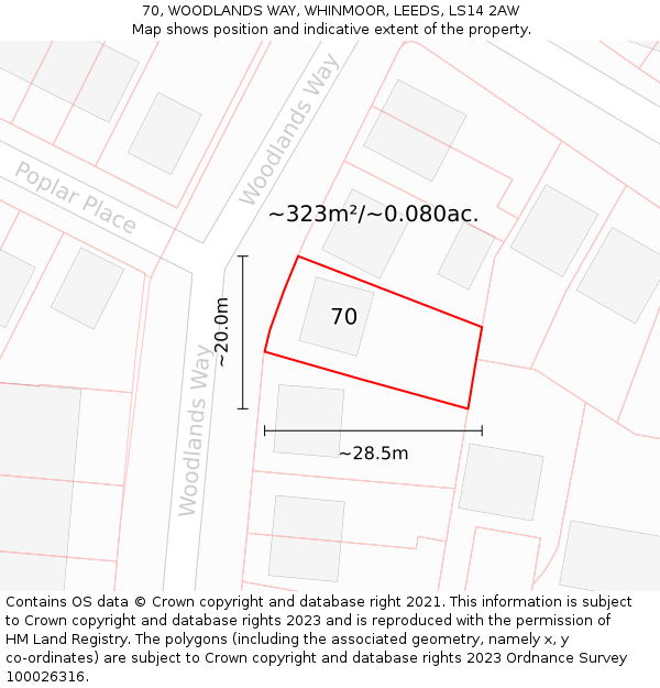 70, WOODLANDS WAY, WHINMOOR, LEEDS, LS14 2AW: Plot and title map