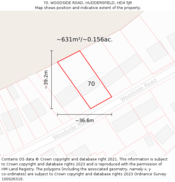 70, WOODSIDE ROAD, HUDDERSFIELD, HD4 5JR: Plot and title map