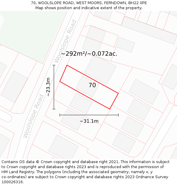 70, WOOLSLOPE ROAD, WEST MOORS, FERNDOWN, BH22 0PE: Plot and title map